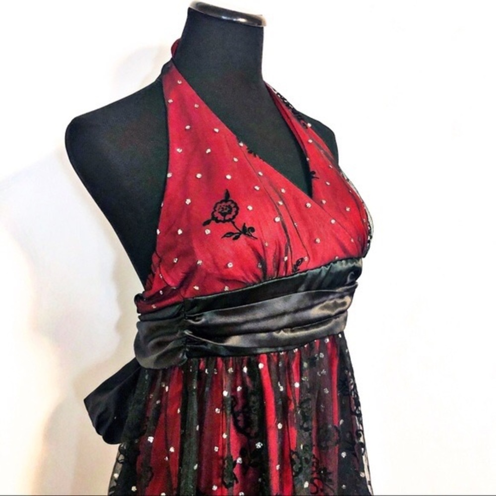 Ruby Rox Red and Black lace overlay floral halter top cocktail dress